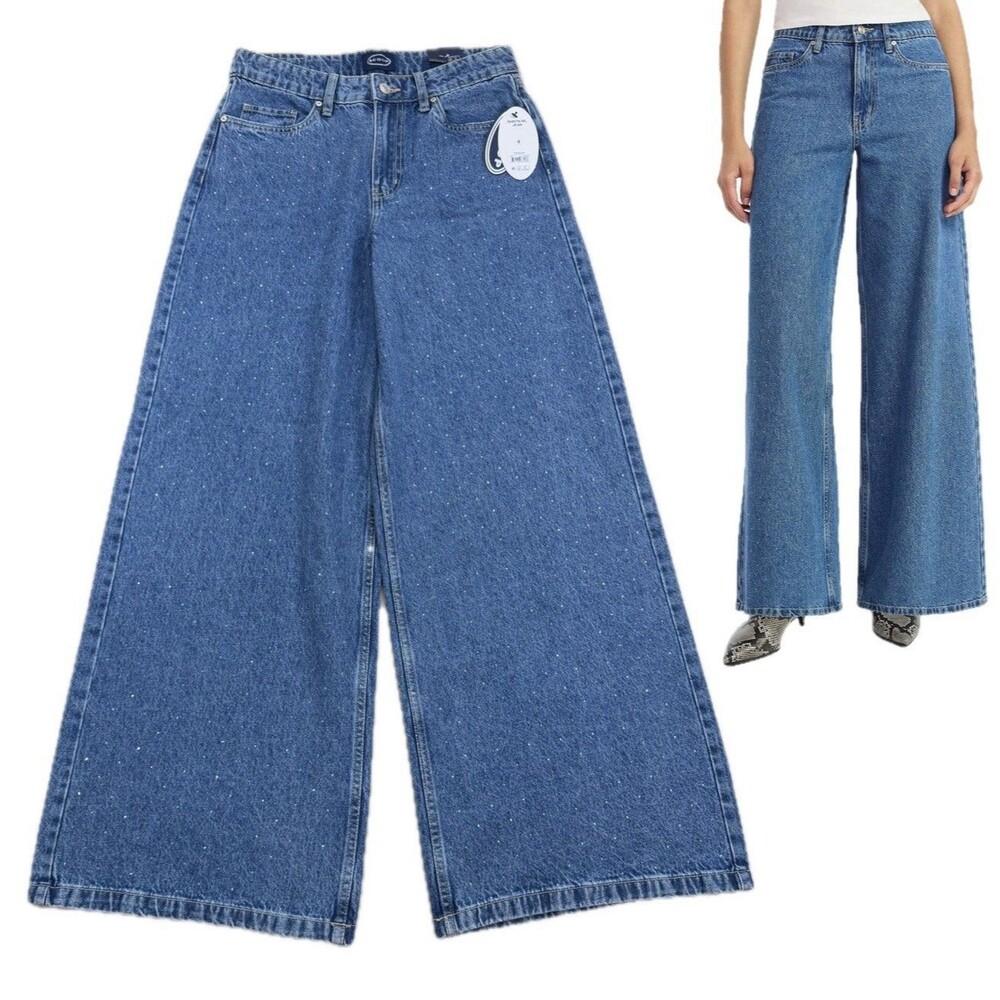 EUC SCOOP Rhinestone Wide Leg Jeans SIZE 4 Medium Wash Sparkle Baggy Denim